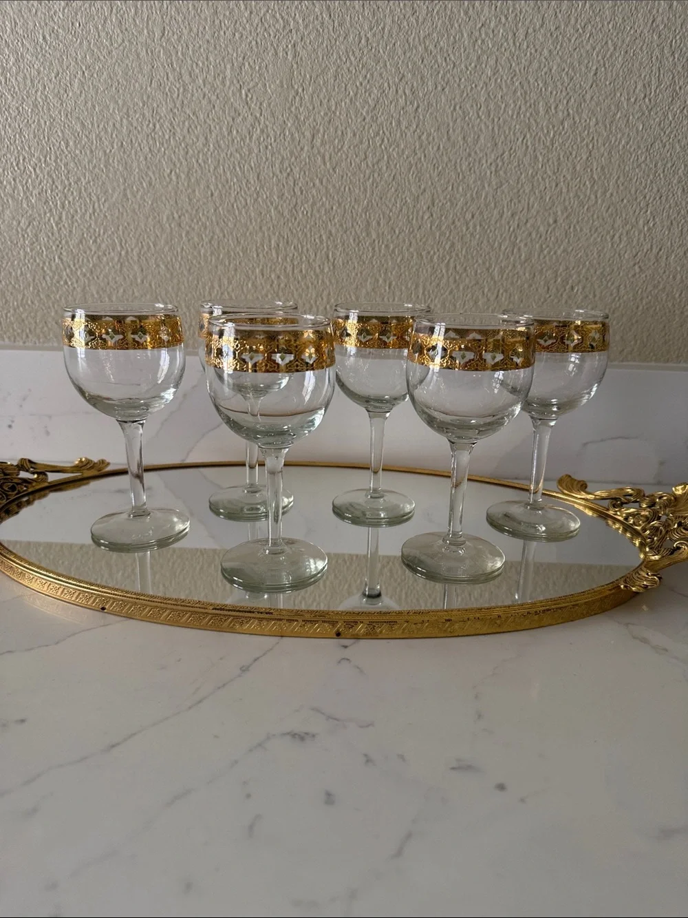 Mid Century Culver Valencia 22 ct Gold Filigree Band Wine Glasses set of 6